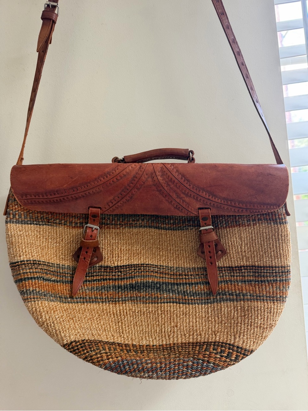 Woven Straw and Brown Leather Crossbody Bag